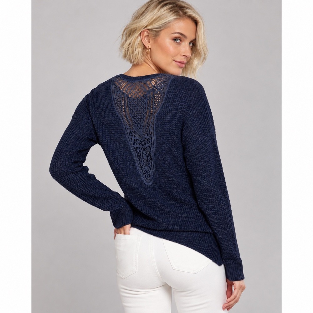 Forever 21 Navy Blue Textured Knit Sweater Crochet Lace Back Detail Small